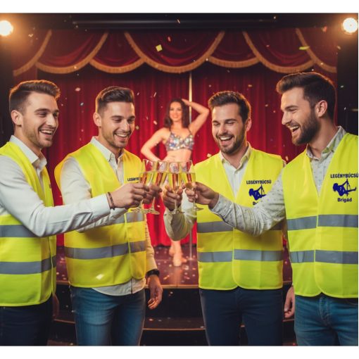 Sárga vagy narancssárga láthatósági biztonsági mellény fényvisszaverő csíkokkal, Legénybúcsú Brigád felirattal, férfiaknak