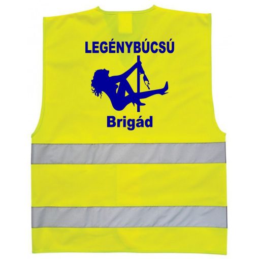 Sárga vagy narancssárga láthatósági biztonsági mellény fényvisszaverő csíkokkal, Legénybúcsú Brigád felirattal, férfiaknak