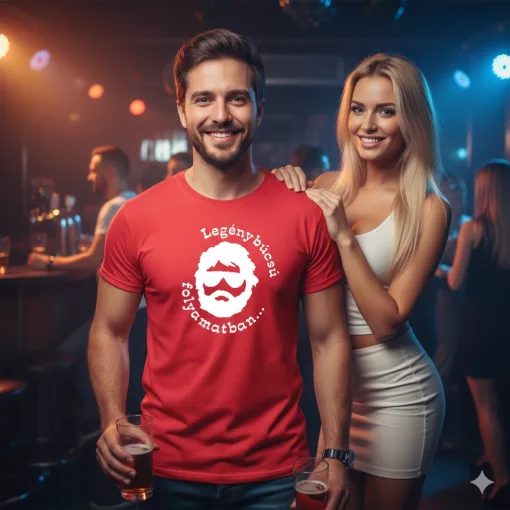 „Legénybúcsú folyamatban…” feliratos vicces pamut póló bulira