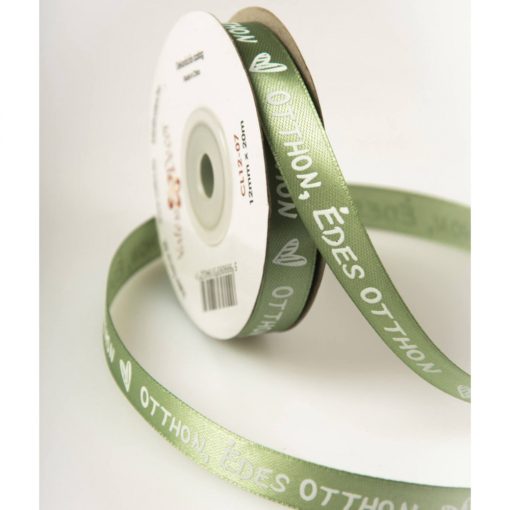 Édes Otthon feliratos szatén szalagok - 12 mm Vintage zöld