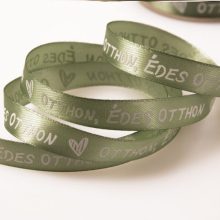 Édes Otthon feliratos szatén szalagok - 12 mm Vintage zöld