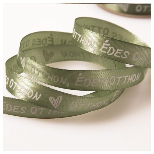 Édes Otthon feliratos szatén szalagok - 12 mm Vintage zöld