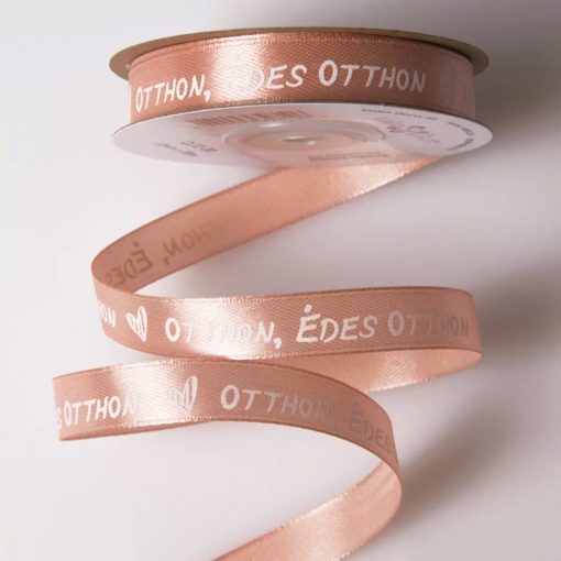 Édes Otthon feliratos szatén szalagok - 12 mm Vintage zöld