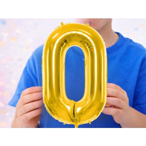 66 cm-es arany 0-ás számú fólia lufi születésnapi dekorációhoz, önzáró szeleppel