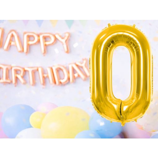 66 cm-es arany 0-ás számú fólia lufi születésnapi dekorációhoz, önzáró szeleppel