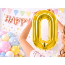 66 cm-es arany 0-ás számú fólia lufi születésnapi dekorációhoz, önzáró szeleppel
