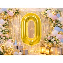 66 cm-es arany 0-ás számú fólia lufi születésnapi dekorációhoz, önzáró szeleppel