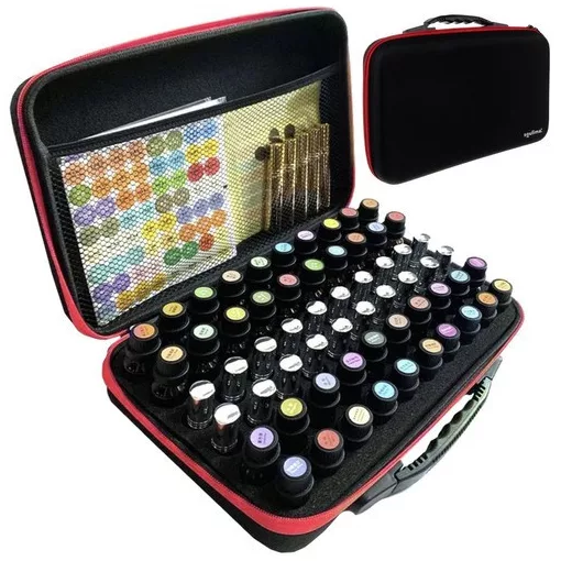 Soulima 22886 körömlakk-rendező tok, fekete színű, 60 flakon tárolására alkalmas, hordozható, merevített, cipzáras tároló kozmetikumokhoz és illóolajokhoz