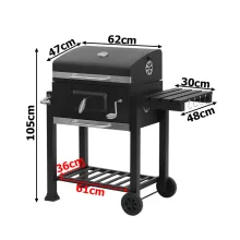 Nagy kerti faszenes grill két ráccsal, beépített hőmérővel, fedéllel, oldalsó polccal és nagy hamutartóval