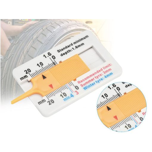 Sárga zsebméretű gumiabroncs futófelület mélységmérő 0-20mm skálával