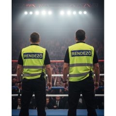 Láthatósági mellény RENDEZŐ felirattal, sárga biztonsági mellény fesztiválokra, fényvisszaverő rendezvényszervező mellény.