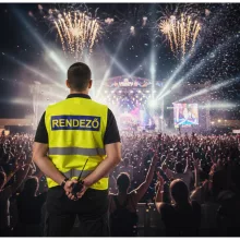 Láthatósági mellény RENDEZŐ felirattal, sárga biztonsági mellény fesztiválokra, fényvisszaverő rendezvényszervező mellény.