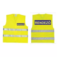 Láthatósági mellény RENDEZŐ felirattal, sárga biztonsági mellény fesztiválokra, fényvisszaverő rendezvényszervező mellény.