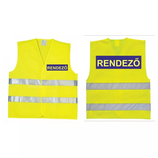 Láthatósági mellény RENDEZŐ felirattal, sárga biztonsági mellény fesztiválokra, fényvisszaverő rendezvényszervező mellény.