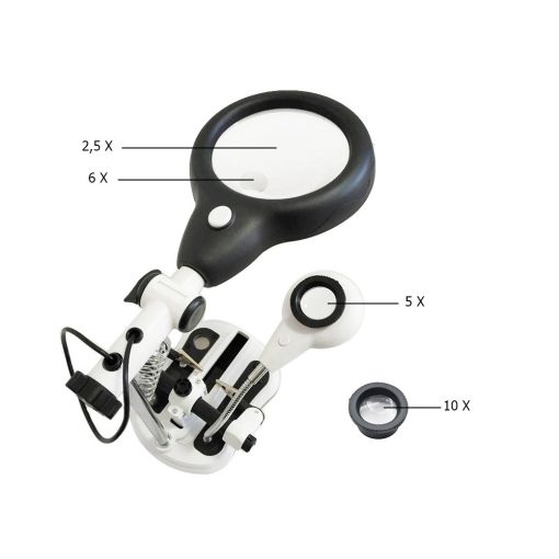 Harmadik kéz forrasztáshoz LED világítással és nagyítóval, stabil fém talppal és krokodilcsipeszekkel