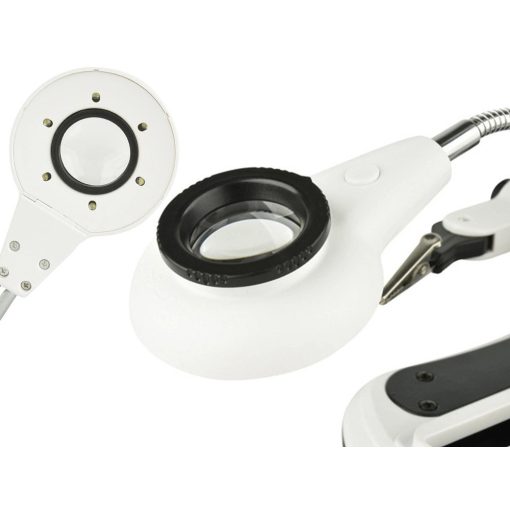 Harmadik kéz forrasztáshoz LED világítással és nagyítóval, stabil fém talppal és krokodilcsipeszekkel