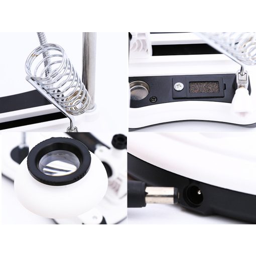 Harmadik kéz forrasztáshoz LED világítással és nagyítóval, stabil fém talppal és krokodilcsipeszekkel