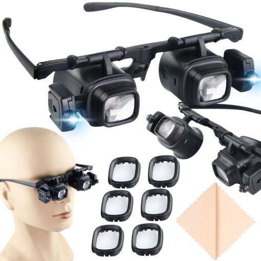 LED világítással ellátott fekete-fehér nagyítós szemüveg cserélhető lencsékkel