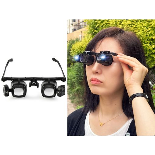 LED világítással ellátott fekete-fehér nagyítós szemüveg cserélhető lencsékkel