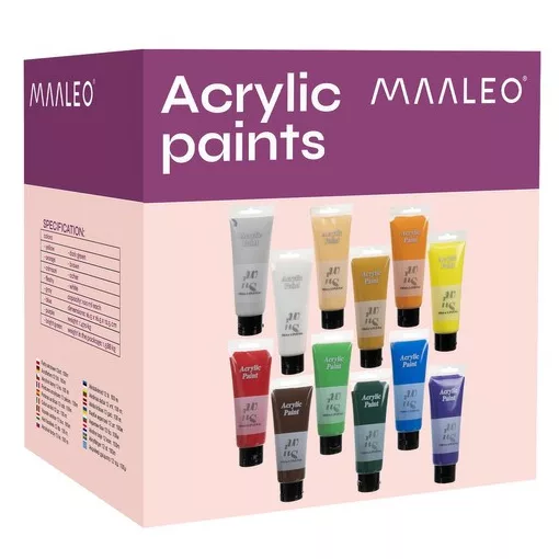 Maaleo 12 darabos, 100 ml-es akrilfesték szett élénk színekkel, tubusokban, művészeknek és hobbistáknak