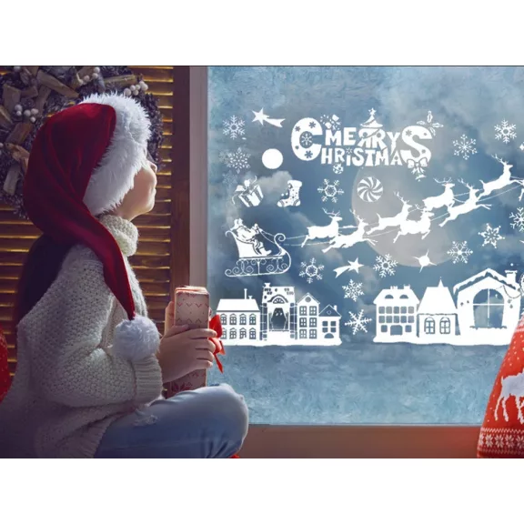 Karácsonyi ablakmatrica szett, Mikulás és hópehely minták, ünnepi díszítőmatrica üvegre, könnyen felragasztható és eltávolítható