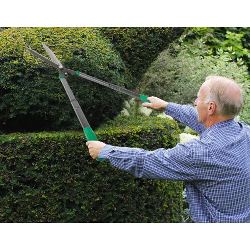 73 cm-ig kihúzható teleszkópos sövénynyíró olló acél pengével és szürke-fekete ergonomikus nyéllel