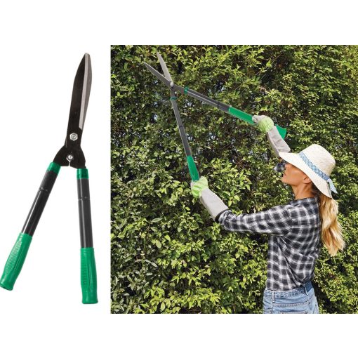 73 cm-ig kihúzható teleszkópos sövénynyíró olló acél pengével és szürke-fekete ergonomikus nyéllel