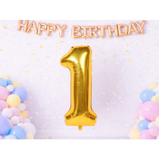 66 cm-es arany 1-es számú fólia lufi születésnapi dekorációhoz, önzáró szeleppel