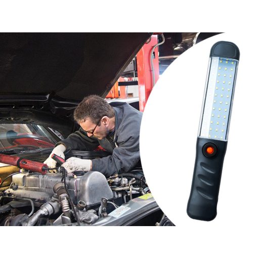 Erős műhelylámpa 48 LED COB technológiával, USB töltéssel, akasztóhoroggal és mágnessel rögzítve, sötét környezetben világít
