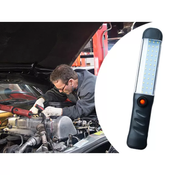 Erős műhelylámpa 48 LED COB technológiával, USB töltéssel, akasztóhoroggal és mágnessel rögzítve, sötét környezetben világít
