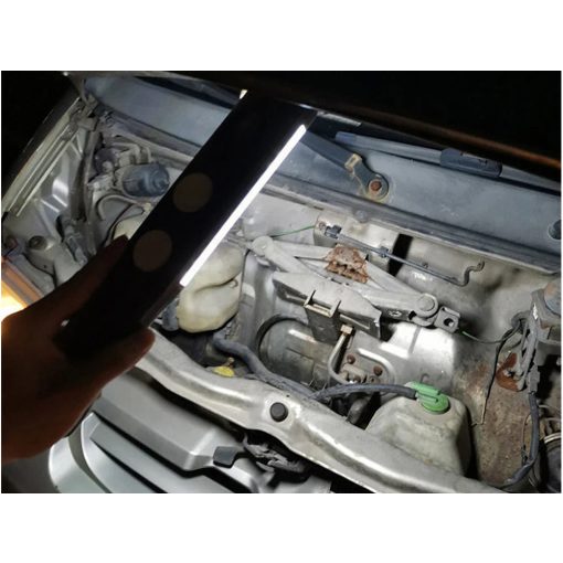 Erős műhelylámpa 48 LED COB technológiával, USB töltéssel, akasztóhoroggal és mágnessel rögzítve, sötét környezetben világít