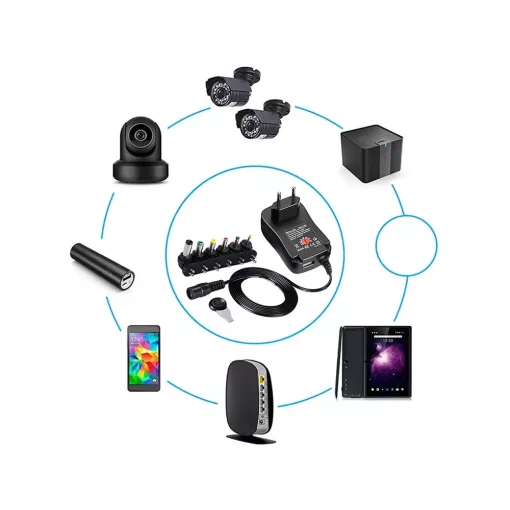 univerzális szabályozható hálózati adapter 6 cserélhető fejjel és USB porttal