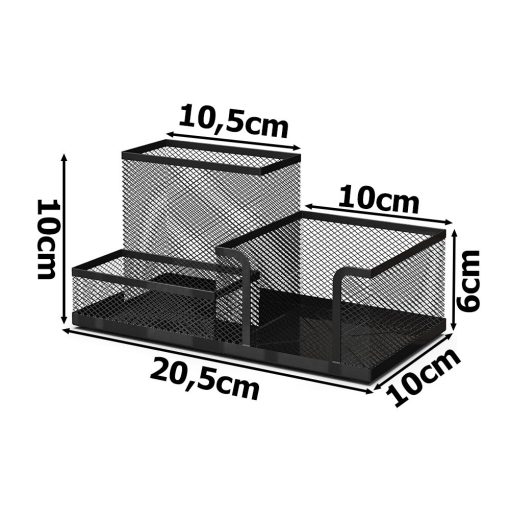 3 rekeszes fekete fémhálós asztali rendszerező tolltartóval