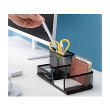 3 rekeszes fekete fémhálós asztali rendszerező tolltartóval