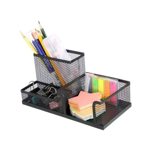 3 rekeszes fekete fémhálós asztali rendszerező tolltartóval