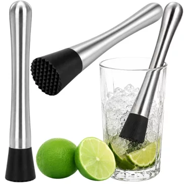 21 cm-es rozsdamentes acél bartender muddler koktéltörő fekete recézett műanyag fejjel, pohárba helyezett lime és menta zúzásához