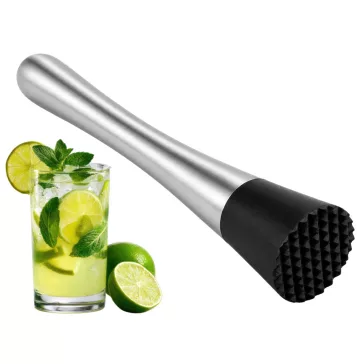 21 cm-es rozsdamentes acél bartender muddler koktéltörő fekete recézett műanyag fejjel, pohárba helyezett lime és menta zúzásához