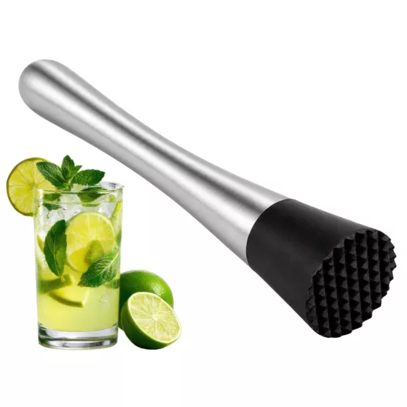 21 cm-es rozsdamentes acél bartender muddler koktéltörő fekete recézett műanyag fejjel, pohárba helyezett lime és menta zúzásához