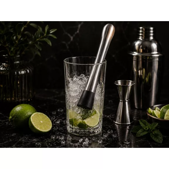21 cm-es rozsdamentes acél bartender muddler koktéltörő fekete recézett műanyag fejjel, pohárba helyezett lime és menta zúzásához