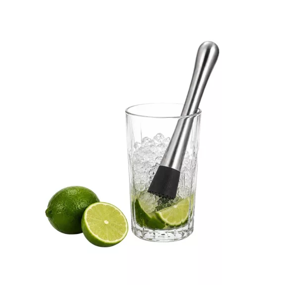 21 cm-es rozsdamentes acél bartender muddler koktéltörő fekete recézett műanyag fejjel, pohárba helyezett lime és menta zúzásához