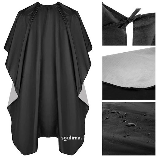 Fekete és ezüst fodrász cape 140x100 cm méretben, vízálló poliészter anyagból, nyaki rögzítéssel