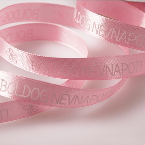 Boldog névnapot feliratos szatén szalag - 12 mm Rózsaszín