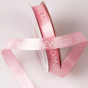   Boldog névnapot feliratos szatén szalag - 12 mm Rózsaszín