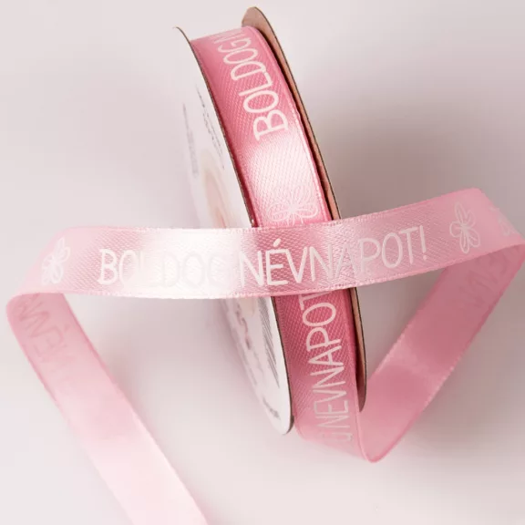 Boldog névnapot feliratos szatén szalag - 12 mm Rózsaszín