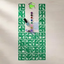 KiviArt óriás csillámtetoválás készlet 96 sablonnal, ragasztóval és 8 színű csillámporral organza tasakban