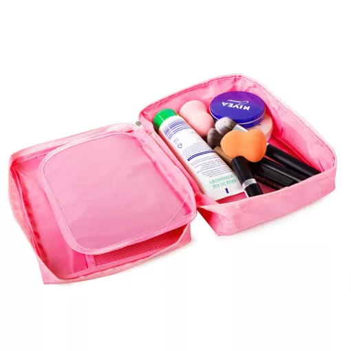 Rózsa színű utazó kozmetikai táska / turista rendszerező táska nyitott állapotban, látható belső rekeszekkel és cipzárral