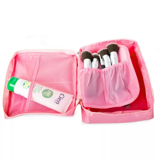 Rózsa színű utazó kozmetikai táska / turista rendszerező táska nyitott állapotban, látható belső rekeszekkel és cipzárral