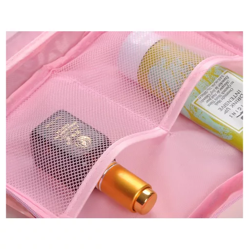 Rózsa színű utazó kozmetikai táska / turista rendszerező táska nyitott állapotban, látható belső rekeszekkel és cipzárral