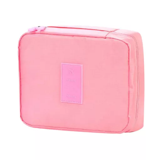 Rózsa színű utazó kozmetikai táska / turista rendszerező táska nyitott állapotban, látható belső rekeszekkel és cipzárral