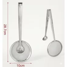 Rozsdamentes csipeszes konyhai szűrő 28,7 cm hosszú, 10 cm-es szűrőfejjel